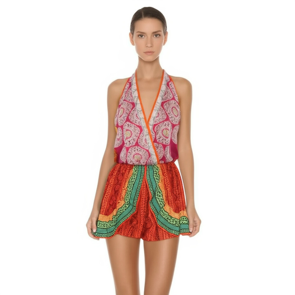 Red Green Madras Sleeveless Romper Playsuit Halter Neck Boho Chic Vacation